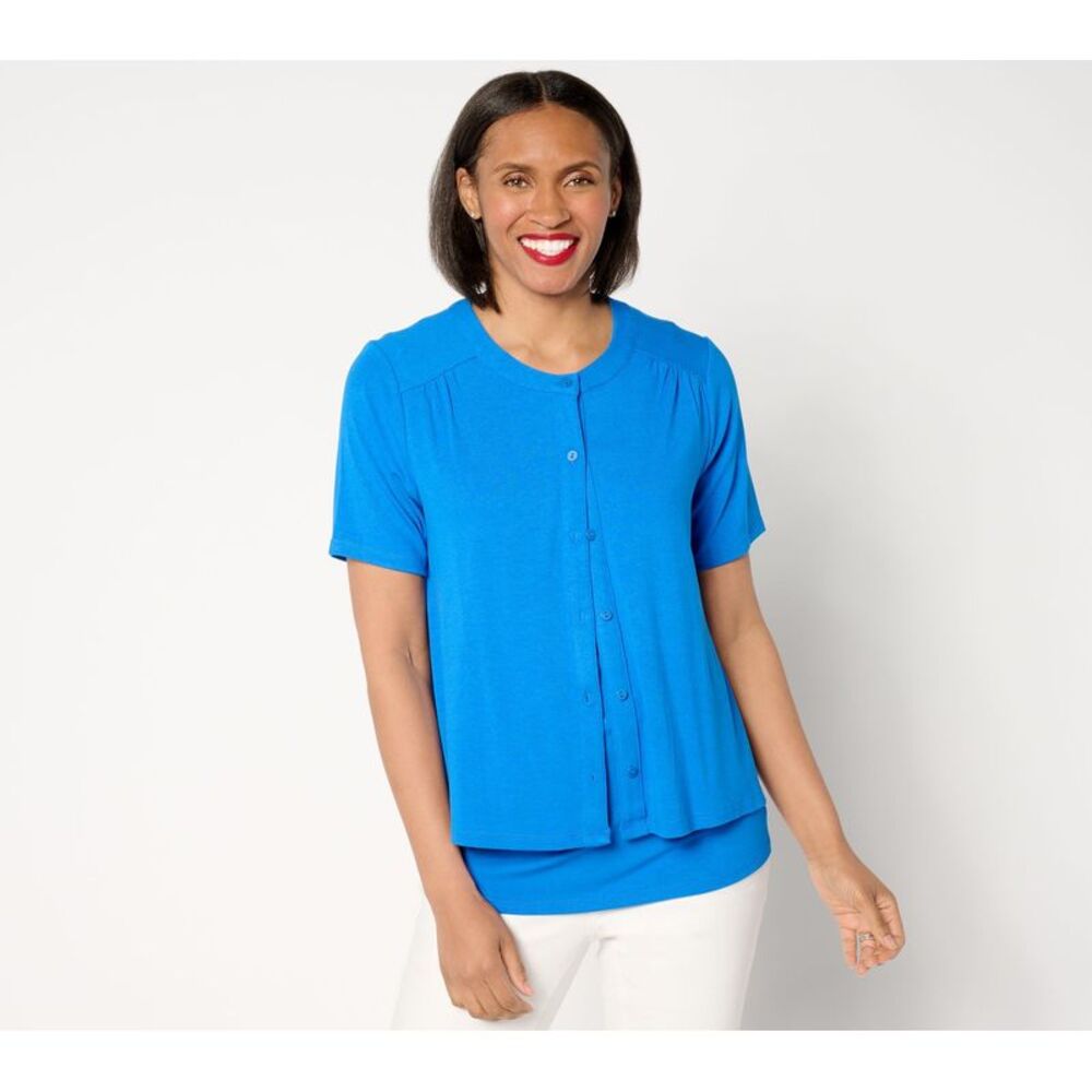 Gloria Vanderbilt Women's Top Sweater Sz M Button Front Short Sleeve Blue